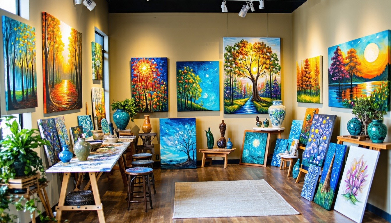 A cozy studio space filled with vibrant paintings and sculptures on display at The Artisan Market on 2nd.