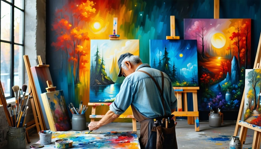 Artisan working on a canvas in a vibrant studio space